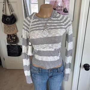 Y2K Grey Striped Knit hooded Sweater